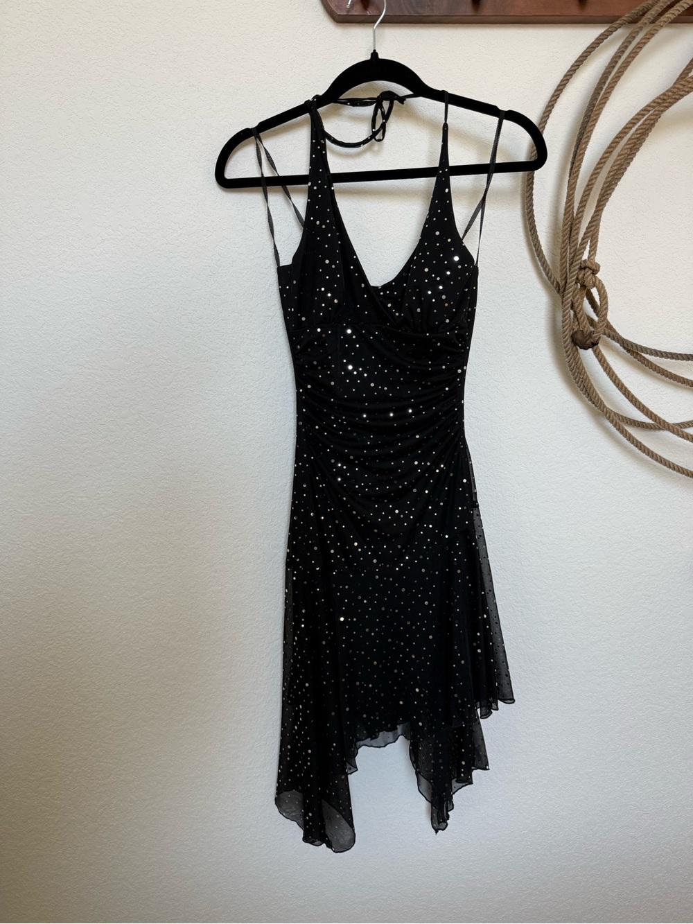 Vintage Y2K Black Glitter Asymmetric Fairy Halter Dress ✨